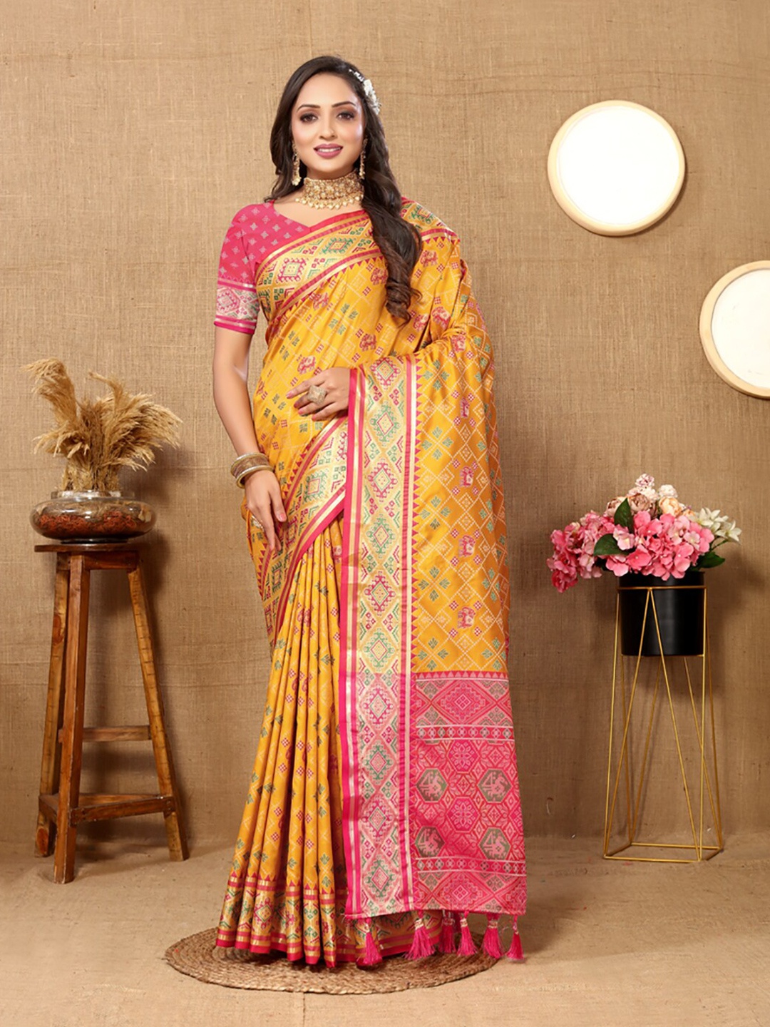 

KALINI Woven Design Zari Patola Saree, Gold