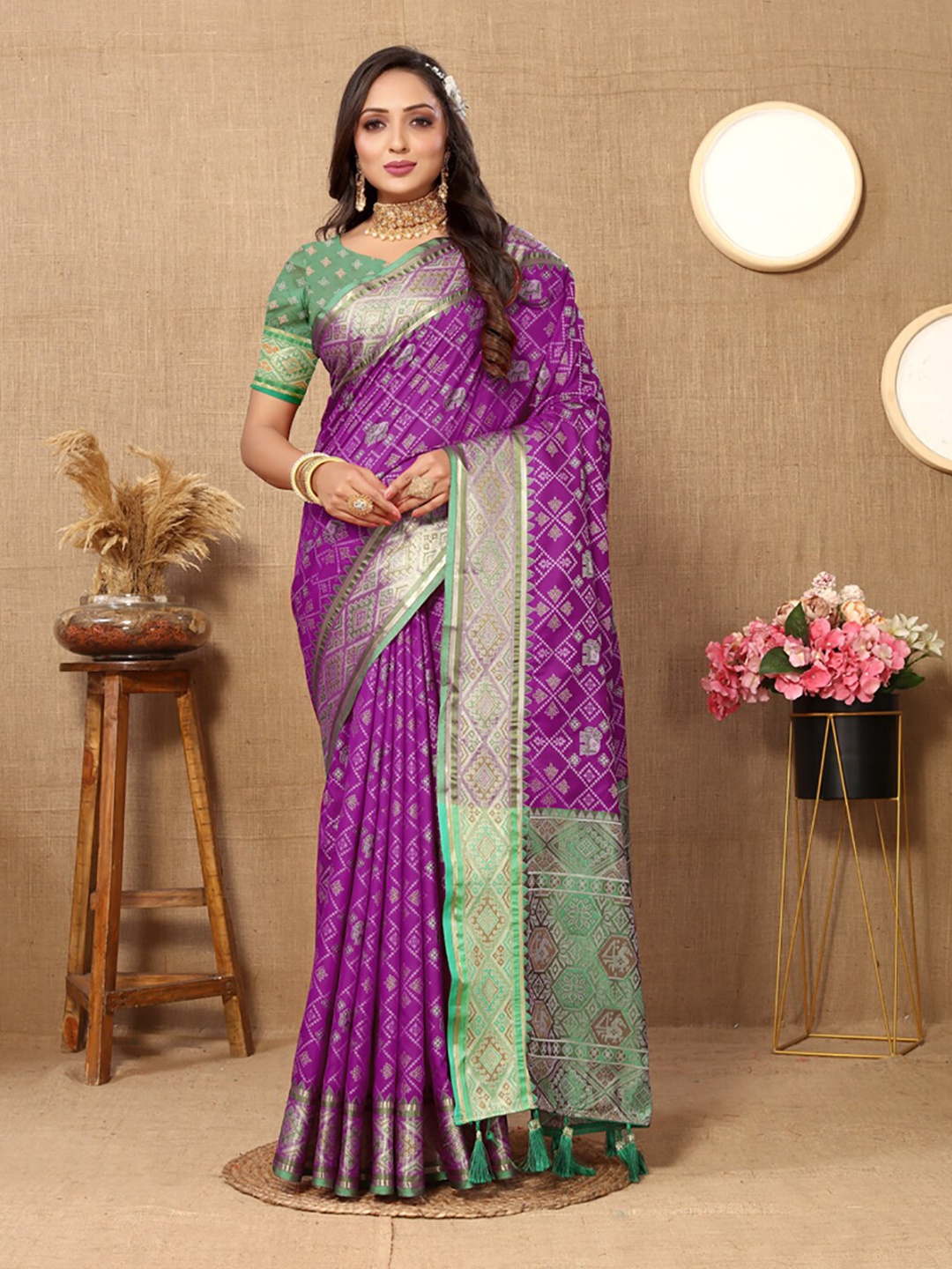 

KALINI Woven Design Zari Art Silk Patola Saree, Purple