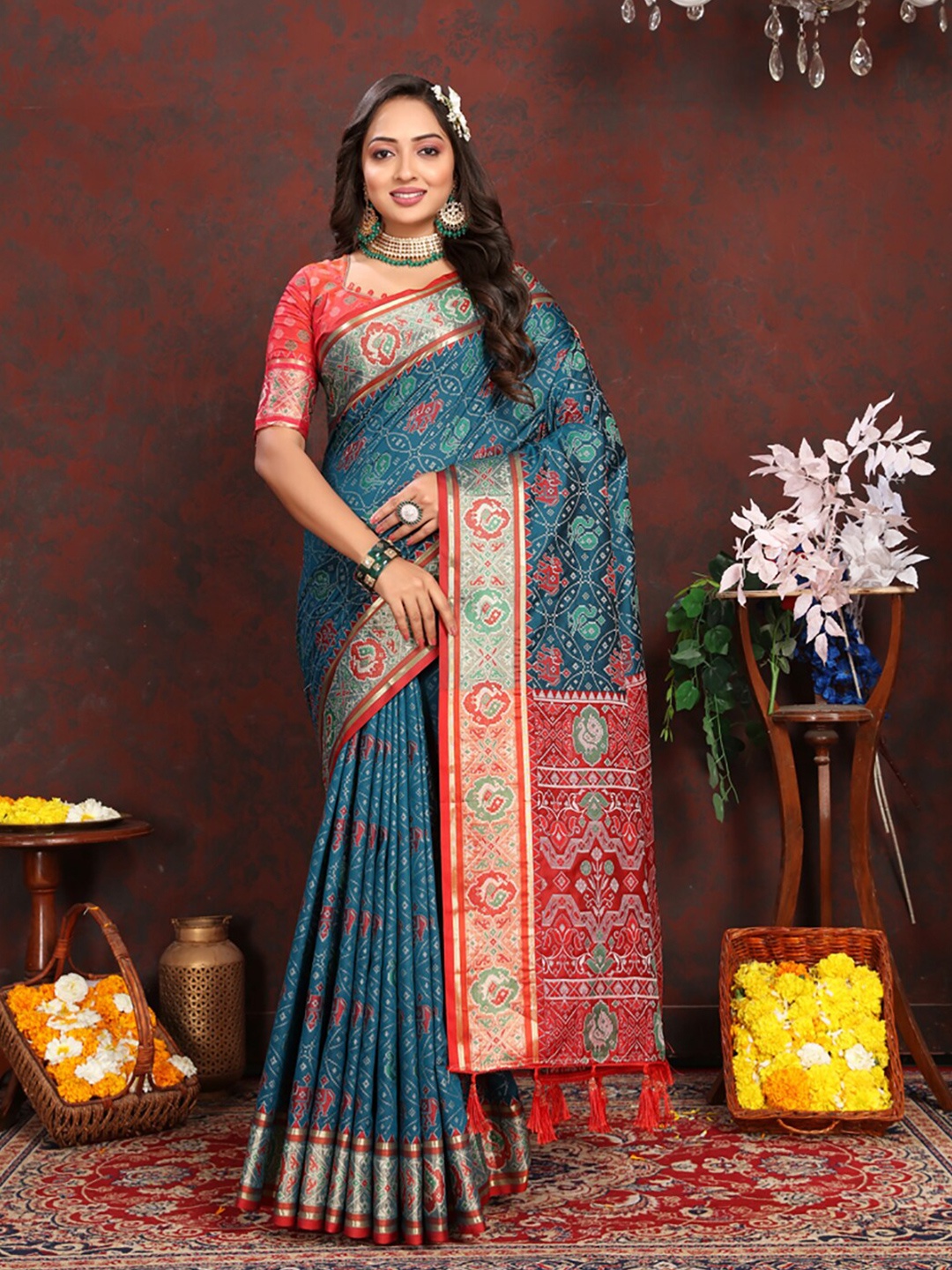 

KALINI Woven Design Zari Art Silk Patola Saree, Teal