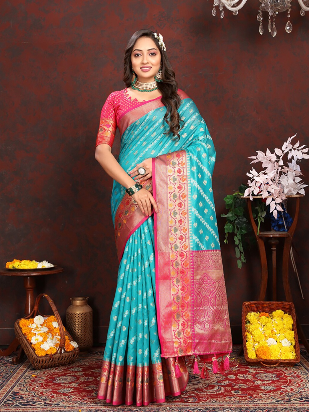 

KALINI Woven Design Zari Organza Banarasi Saree, Turquoise blue