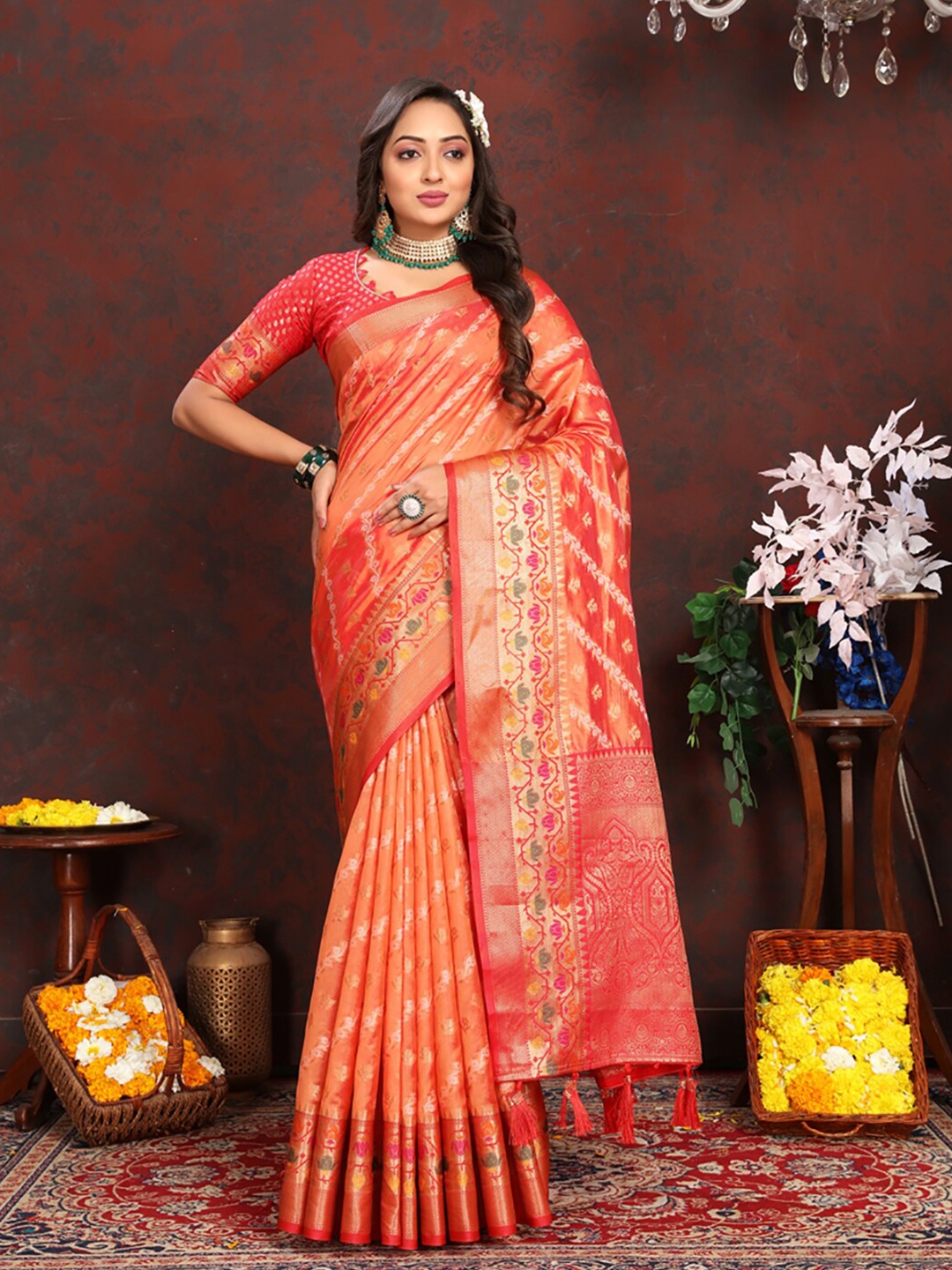 

KALINI Woven Design Zari Organza Banarasi Saree, Orange