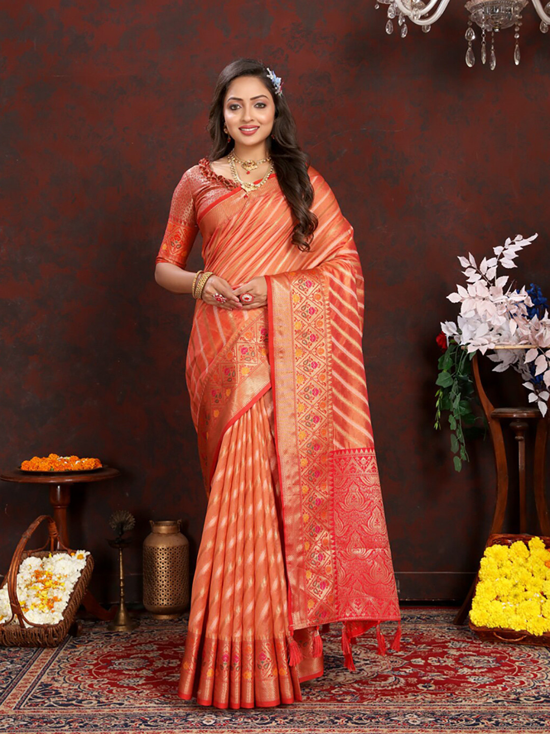 

KALINI Woven Design Zari Organza Banarasi Saree, Orange