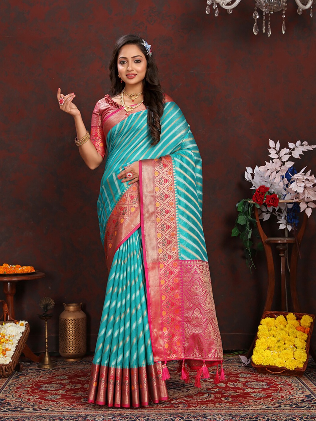 

KALINI Woven Design Zari Organza Banarasi Saree, Turquoise blue