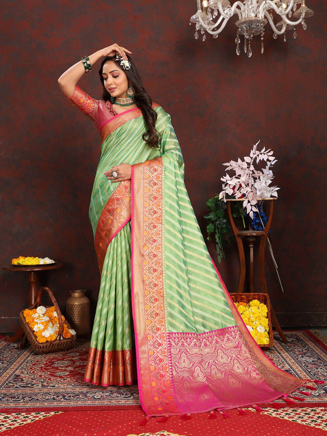 

KALINI Woven Design Zari Organza Banarasi Saree, Green