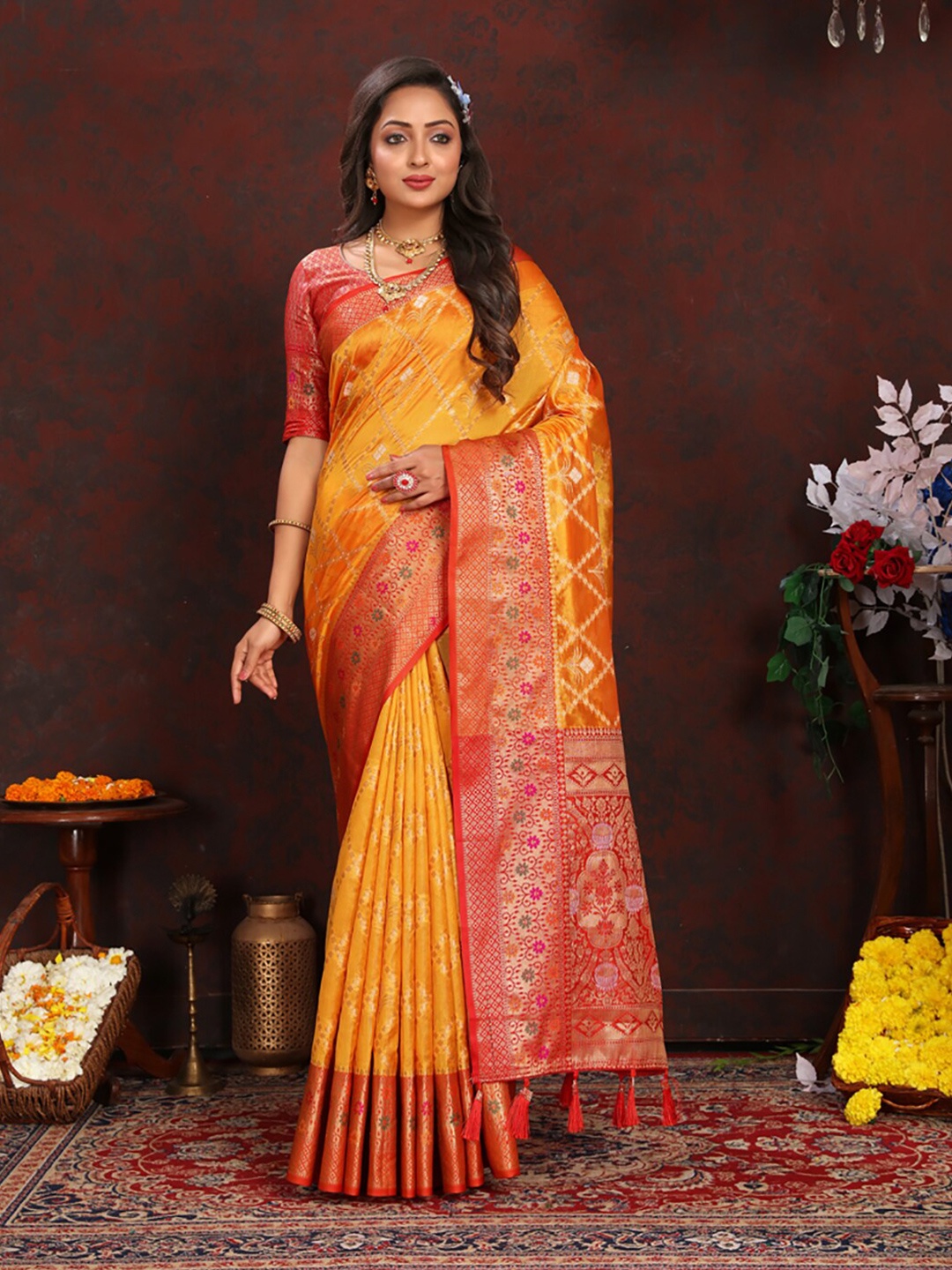 

KALINI Floral Woven Design Zari Organza Banarasi Saree, Gold