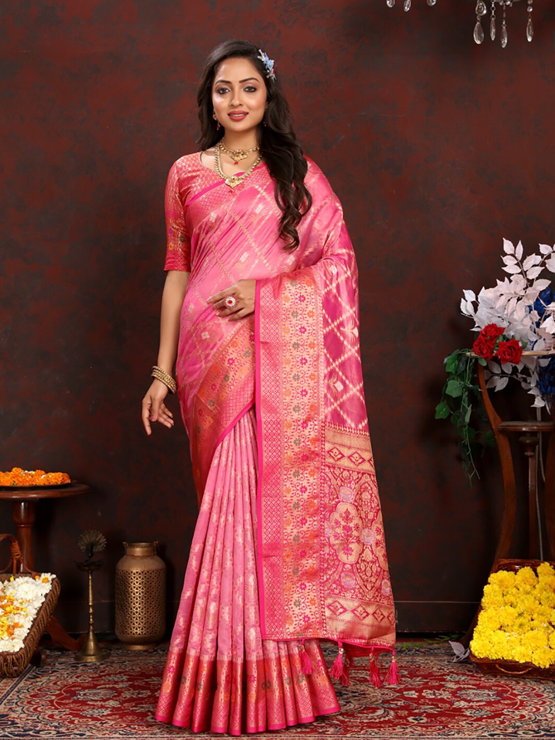 

KALINI Ethnic Motifs Woven Design Zari Organza Banarasi Saree, Pink