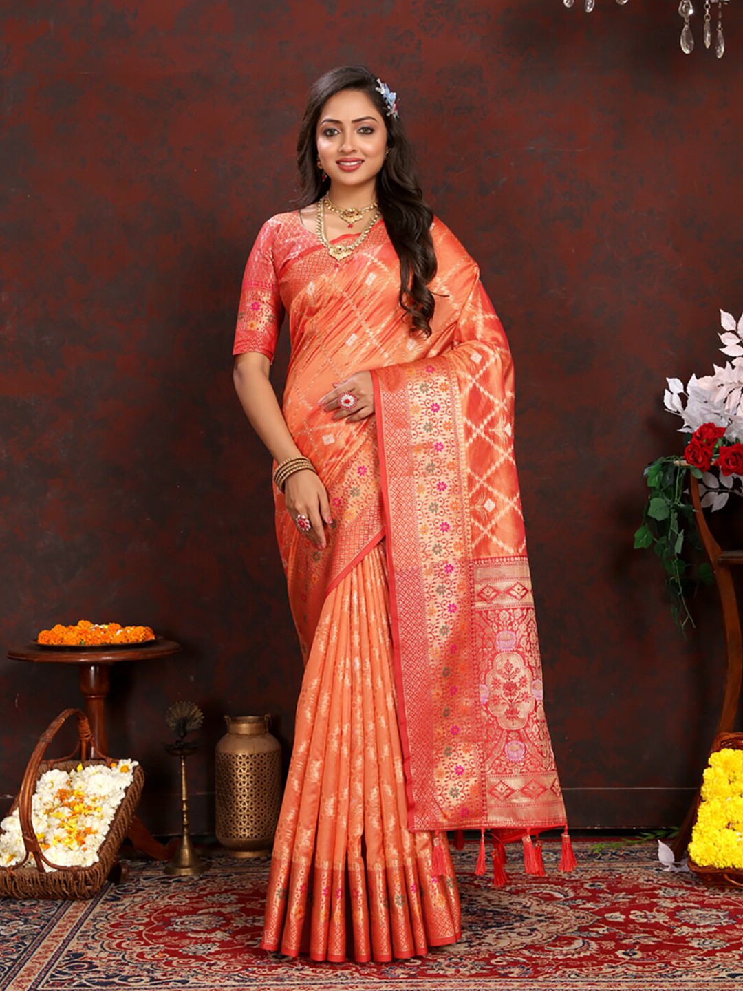 

KALINI Woven Design Zari Organza Banarasi Saree, Orange