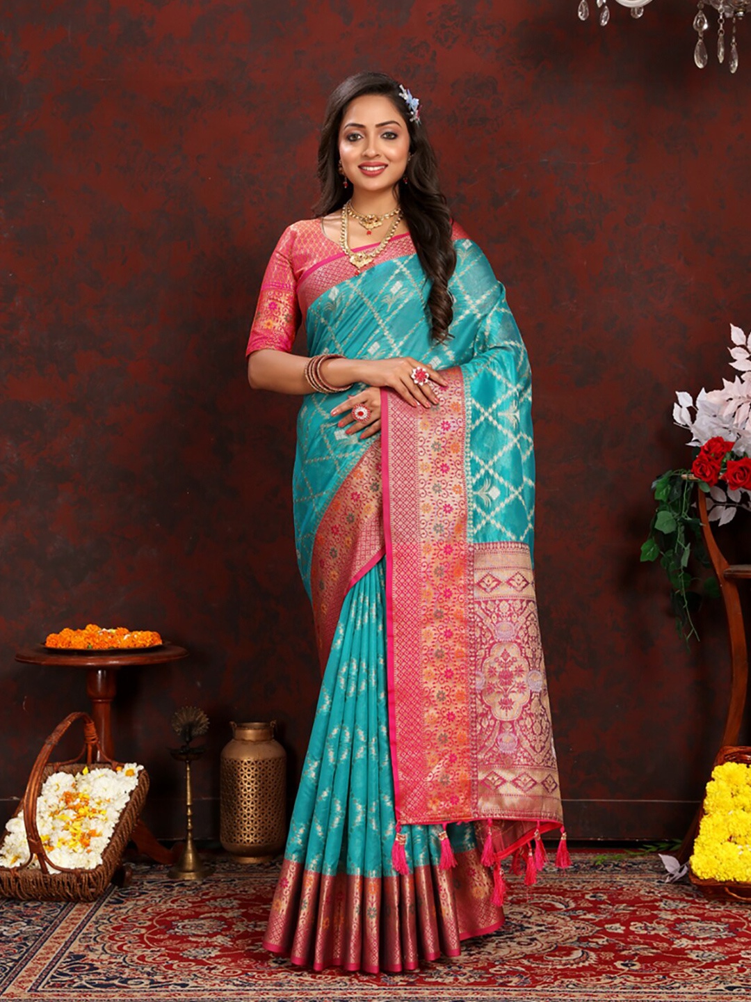 

KALINI Woven Design Zari Organza Banarasi Saree, Turquoise blue