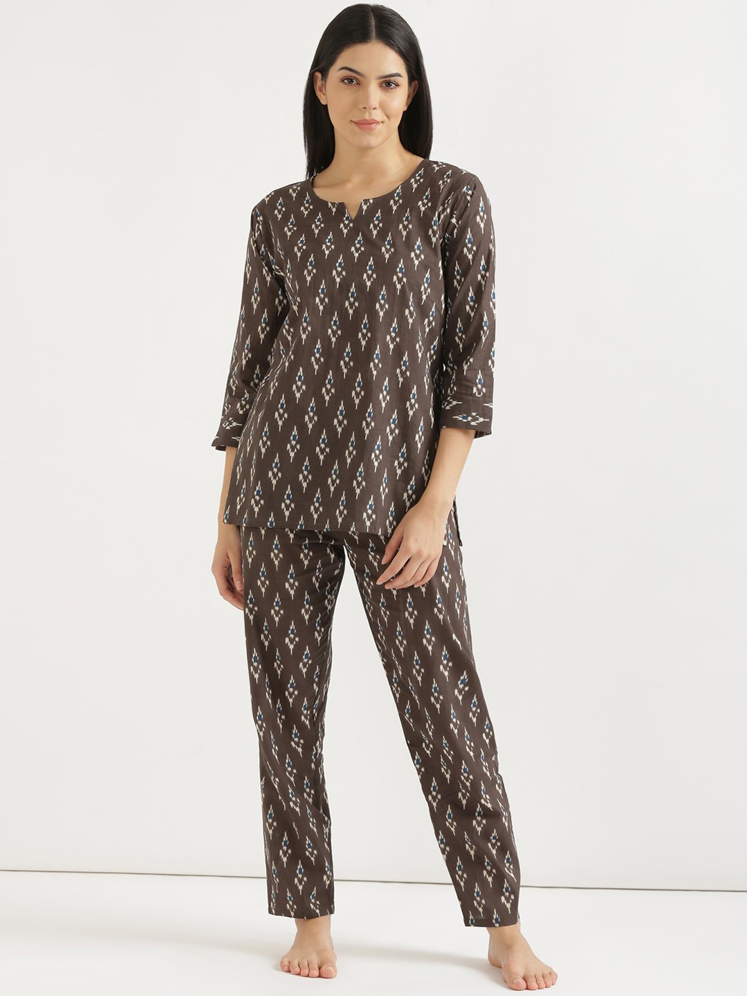 

SHOOLIN Geometric Printed Pure Cotton Top & Pyjama, Brown