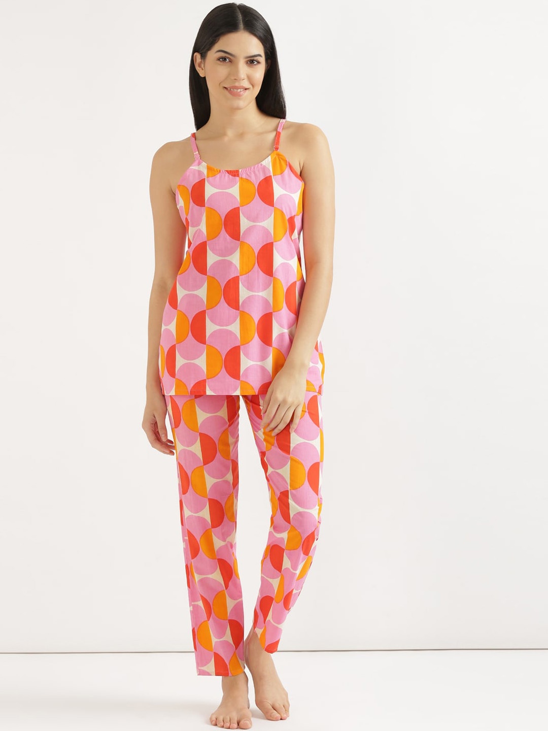 

SHOOLIN Geometric Printed Pure Cotton Night suit, White