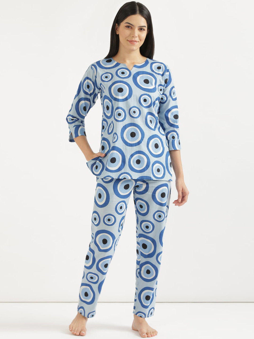 

SHOOLIN Pure Cotton Printed Night Suit, Blue