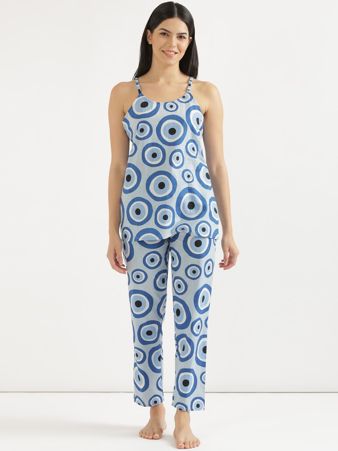 

SHOOLIN Geometric Printed Pure Cotton Night suit, Blue