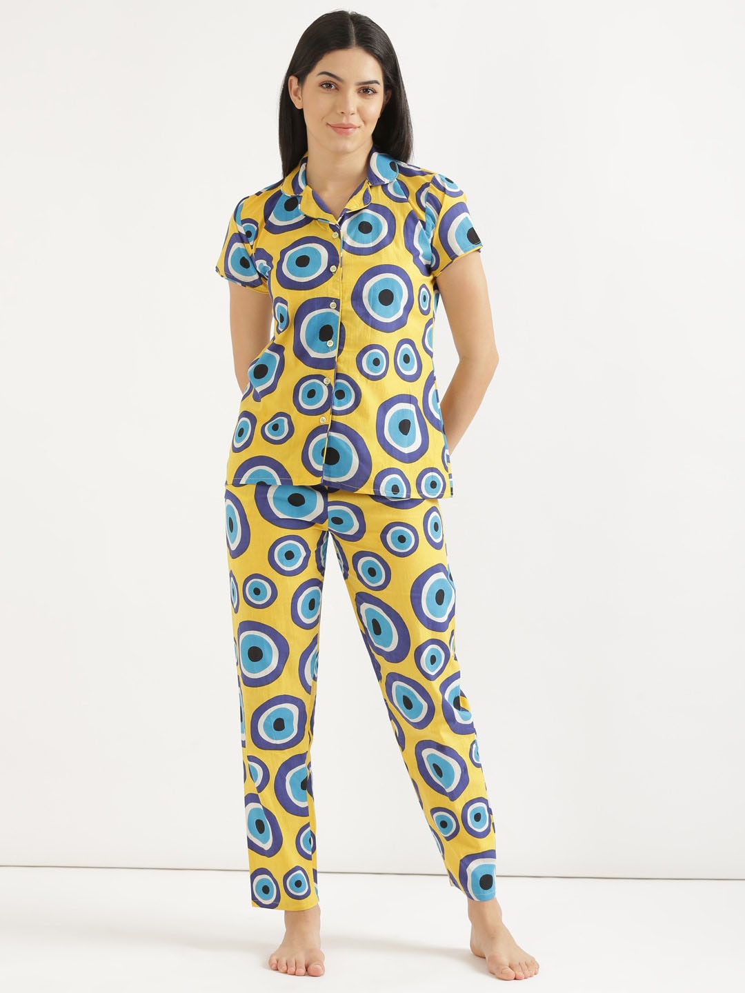 

SHOOLIN Geometric Printed Pure Cotton Night suit, Yellow