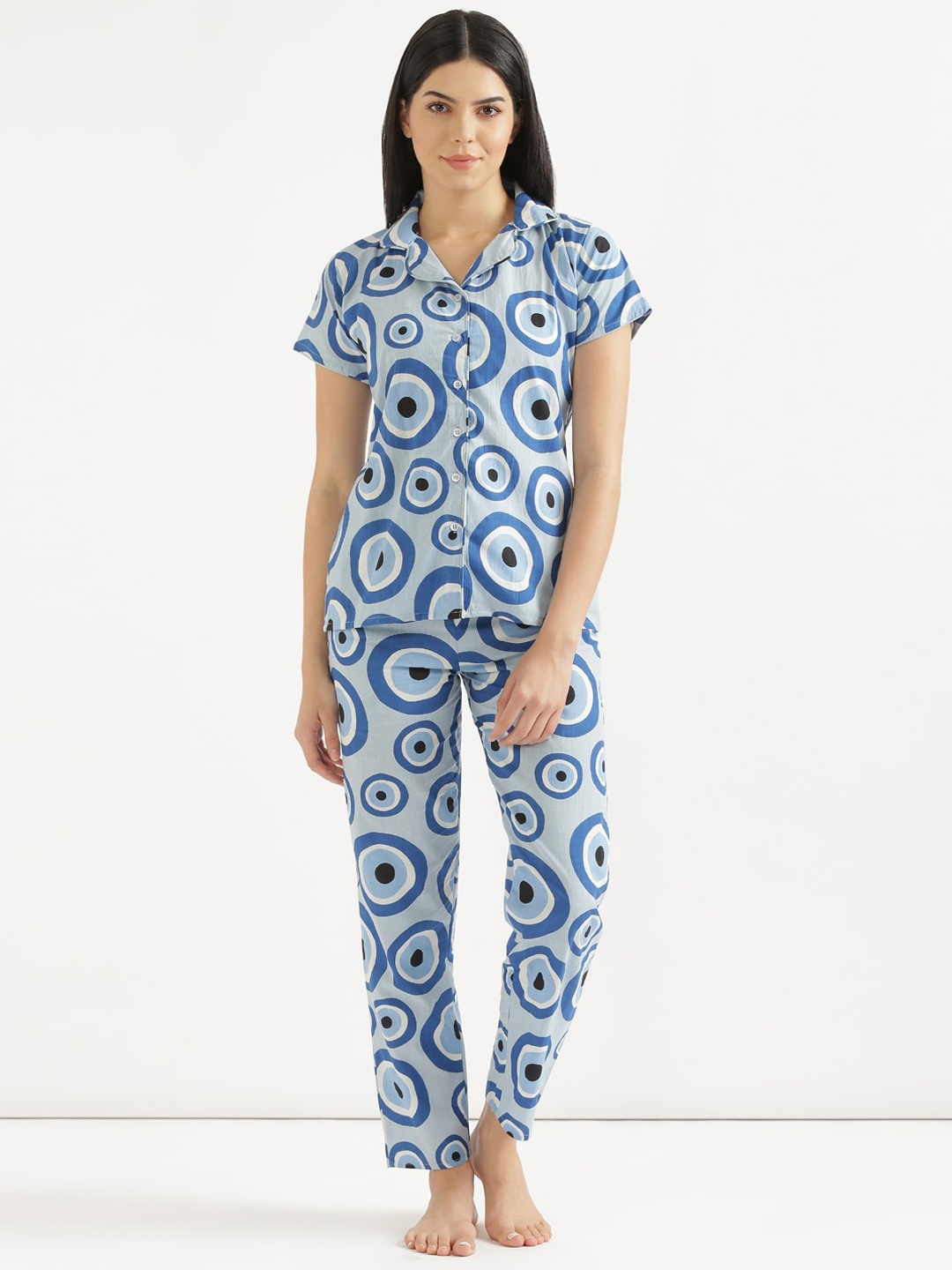 

SHOOLIN Graphic Printed Lapel Collar Pure Cotton Shirt & Pyjama, Blue
