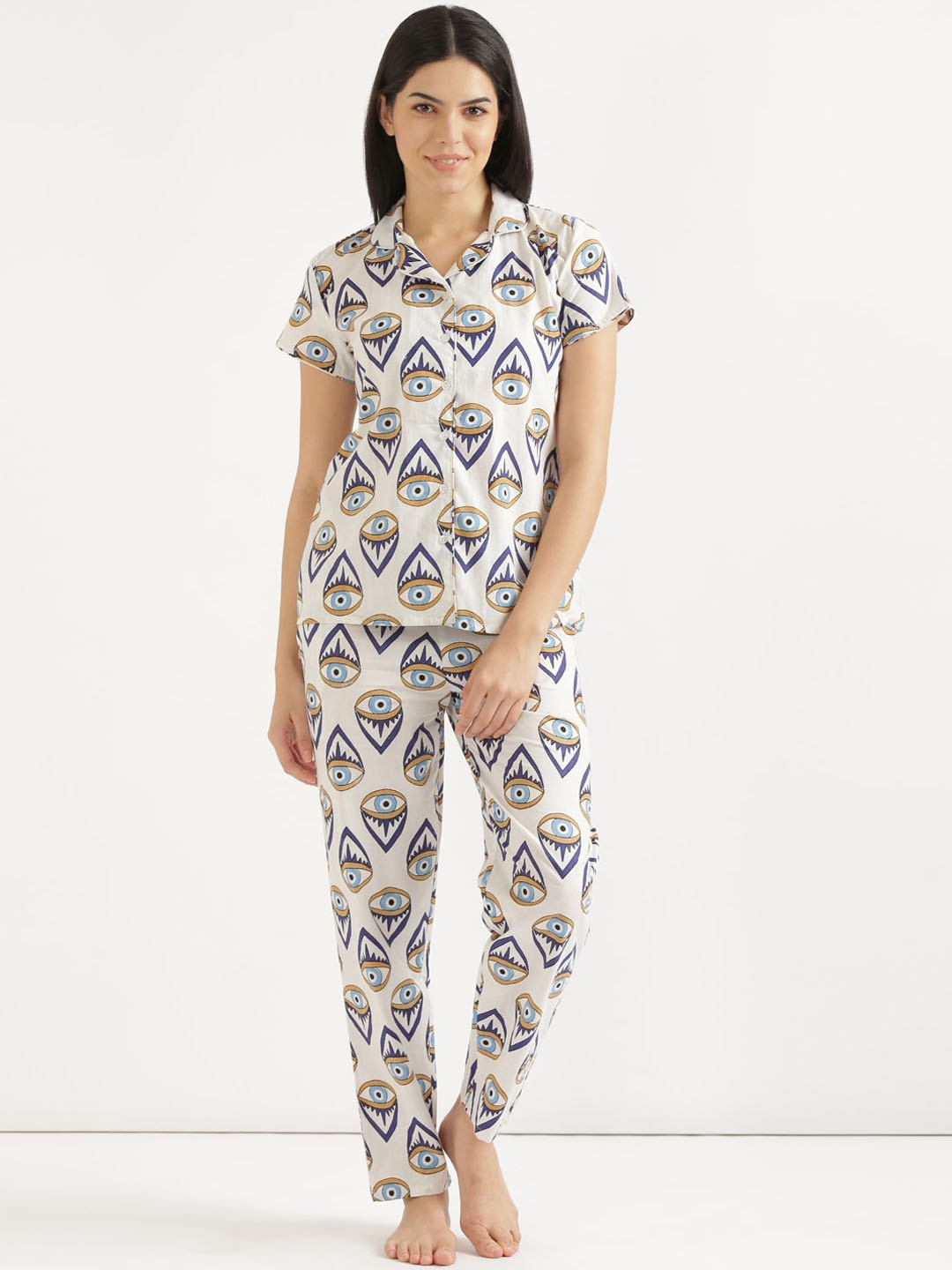

SHOOLIN Graphic Printed Lapel Collar Pure Cotton Shirt & Pyjama, White