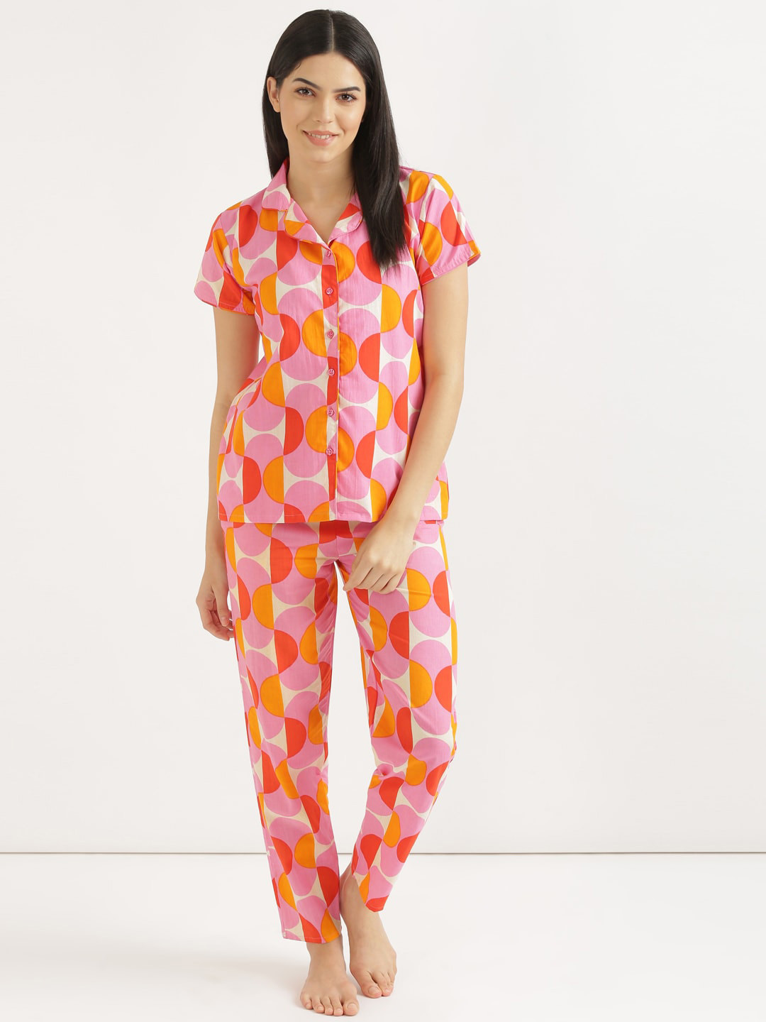 

SHOOLIN Geometric Printed Lapel Collar Pure Cotton Shirt & Pyjama, White