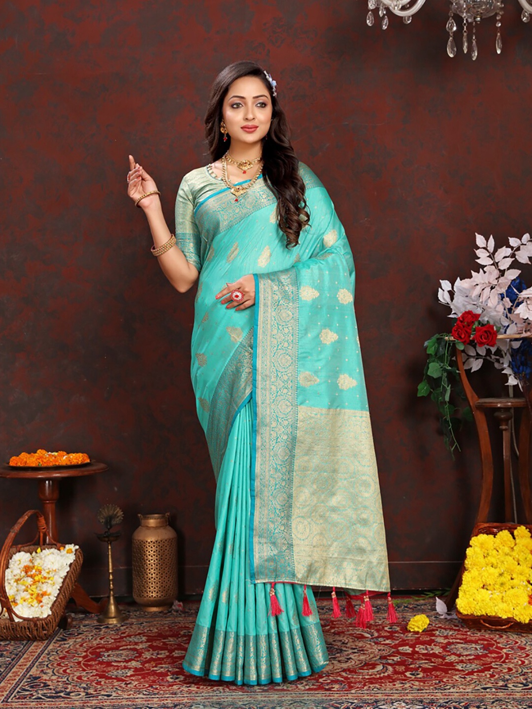 

KALINI Ethnic Motifs Woven Design Zari Banarasi Saree, Sea green