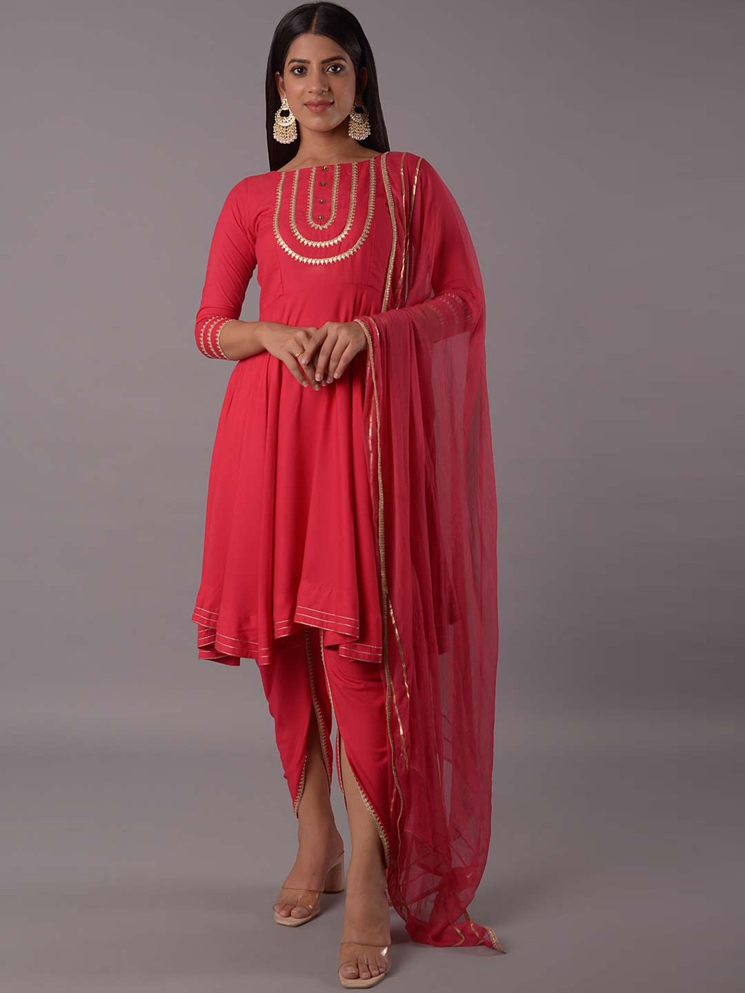 

Utsav Fashion Embroidered Kurta With Harem Pant & Dupatta, Red