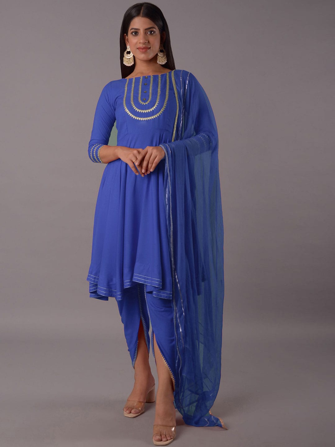 

Utsav Fashion Printed Empire Gotta Patti Kurta with Dhoti Pant & Dupatta, Blue