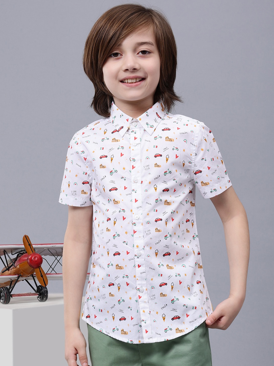 

One Friday Boys Conversational Printed Spread Collar Cotton Casual Shirt, Off white