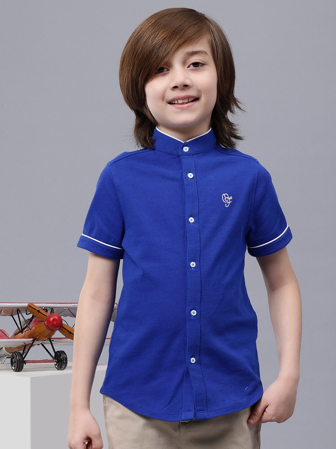 

One Friday Boys Comfort Mandarin Collar Opaque Cotton Casual Shirt, Blue