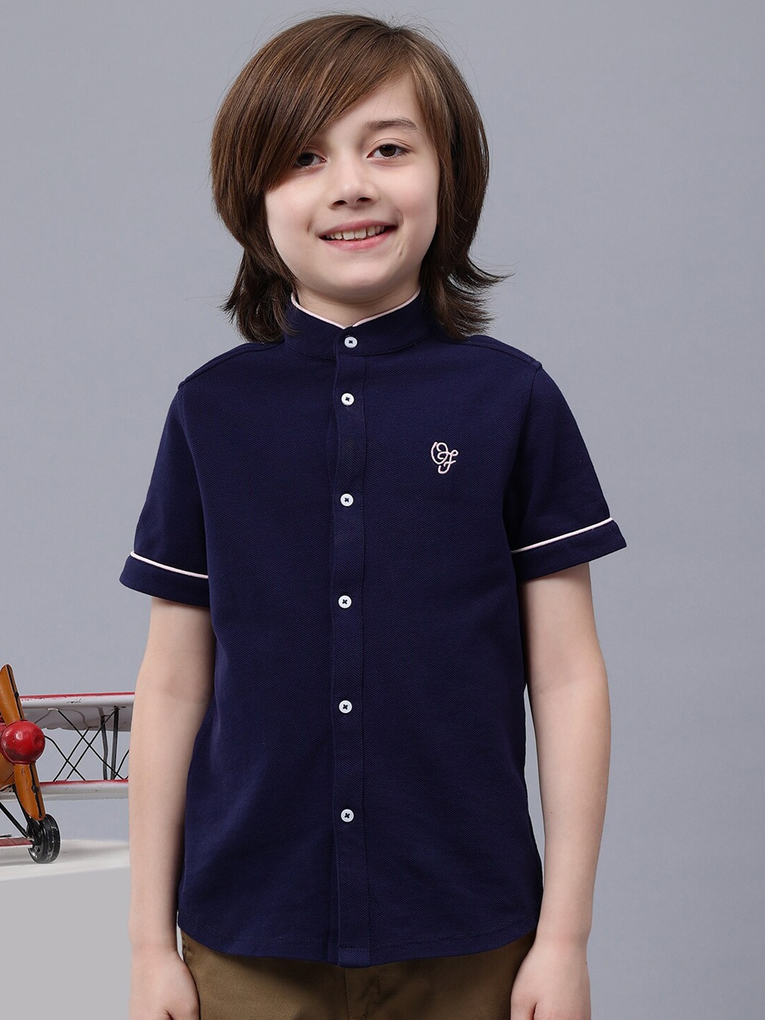 

One Friday Boys Comfort Mandarin Collar Opaque Cotton Casual Shirt, Navy blue