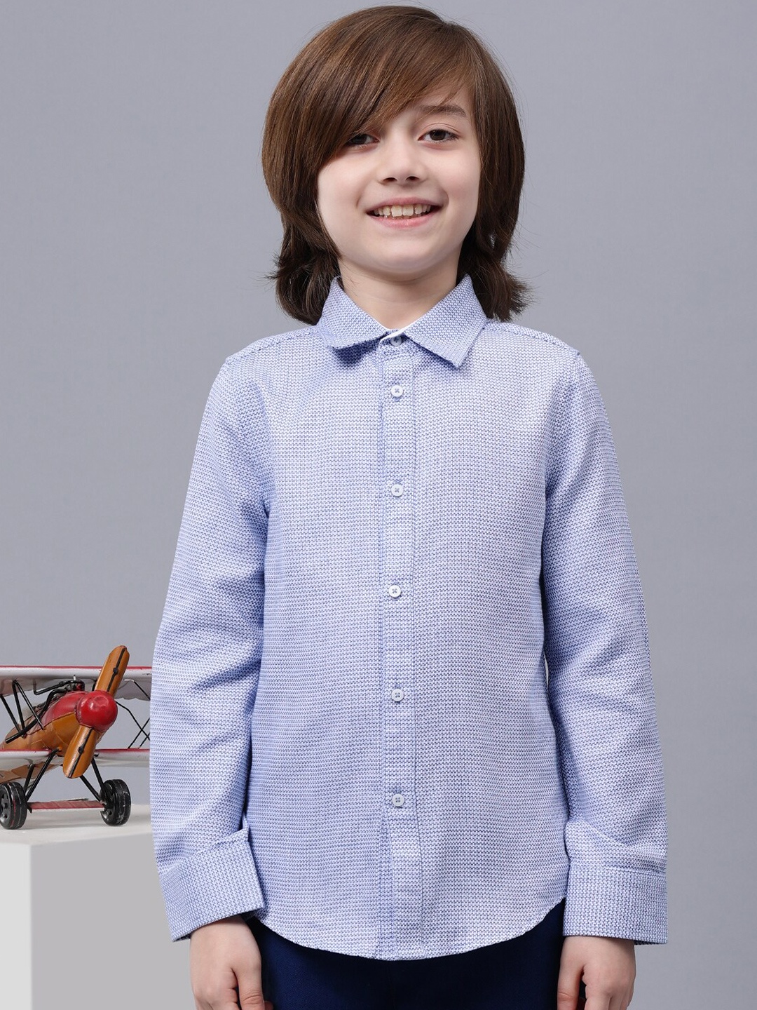 

One Friday Boys Comfort Self Design Spread Collar Opaque Cotton Casual Shirt, Blue