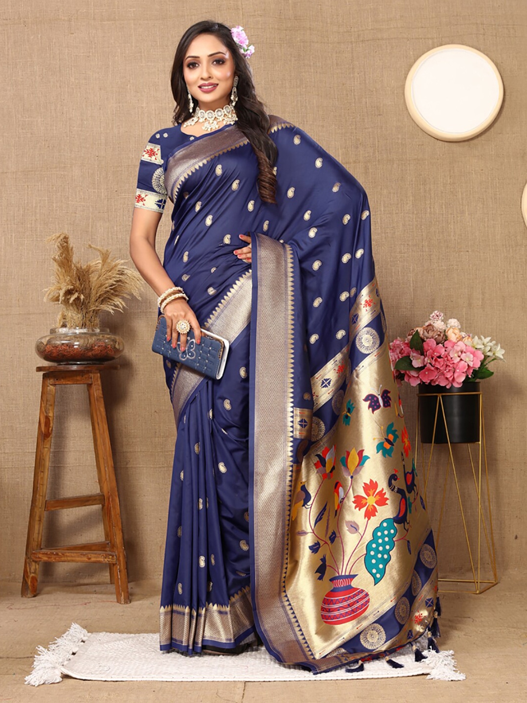 

KALINI Woven Design Paithani Zari Saree, Navy blue