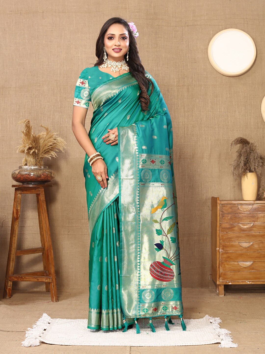 

KALINI Woven Design Zari Art Silk Paithani Saree, Teal
