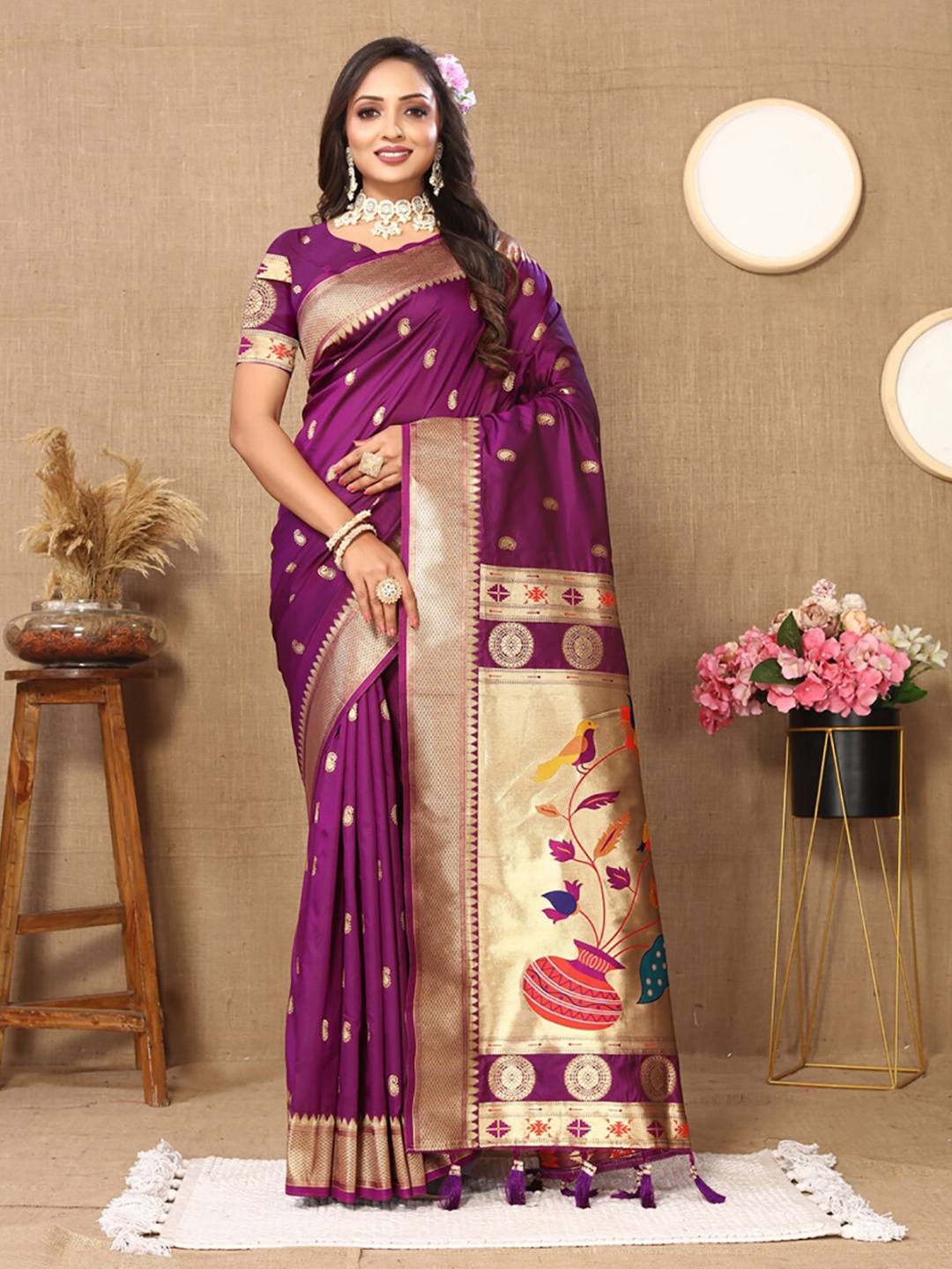 

KALINI Ethnic Motifs Woven Design Zari Art Silk Paithani Saree, Purple