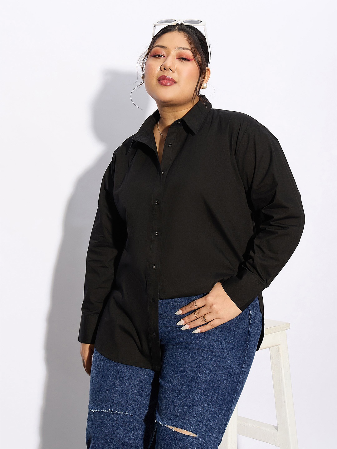 

SASSAFRAS Curve Plus Size Spread Collar Cotton Casual Shirt, Black