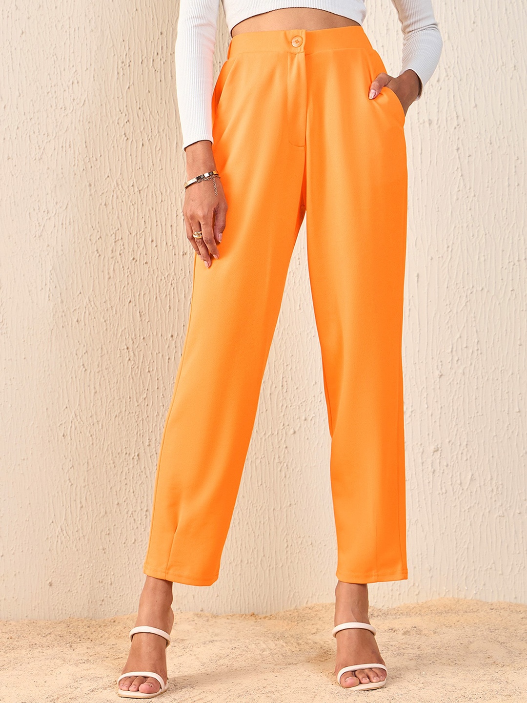 

SASSAFRAS Women Tapered Fit High-Rise Trousers, Orange