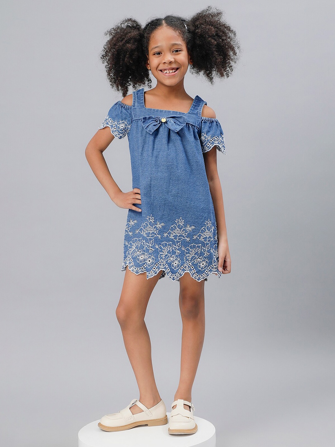 

One Friday Girls Floral Embroidered Cotton Cold-Shoulder A-Line Dress, Blue