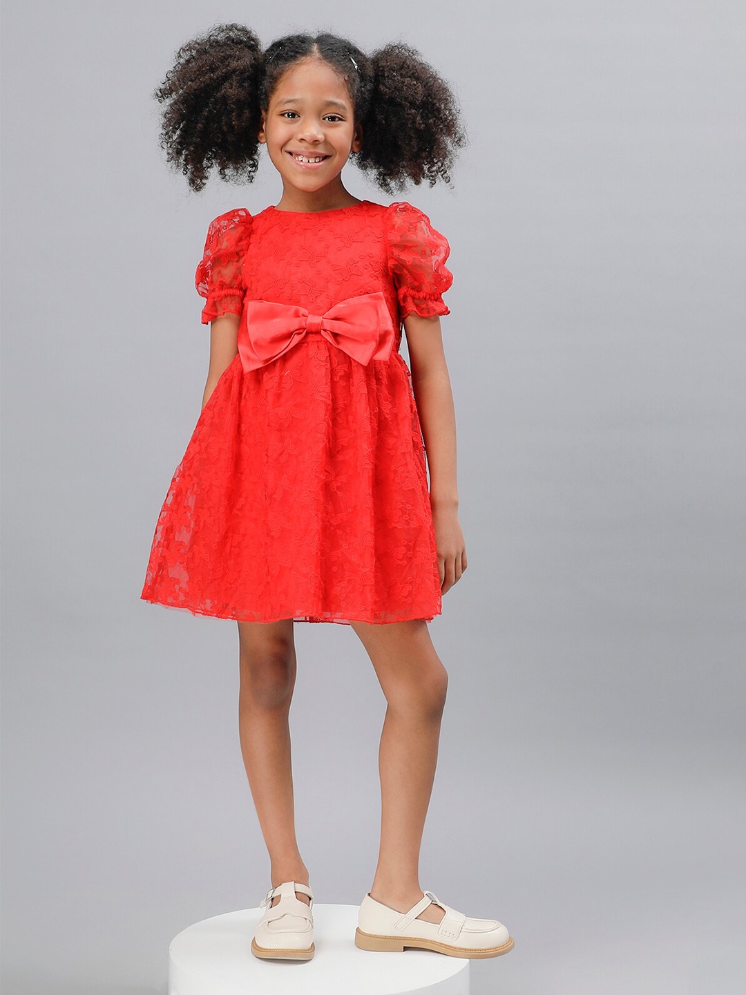 

One Friday Self Design Puff Sleeves A-Line Dress, Red