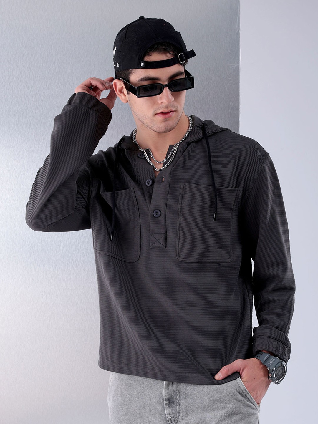

The Indian Garage Co Hooded Long Sleeves Casual Shirt, Grey