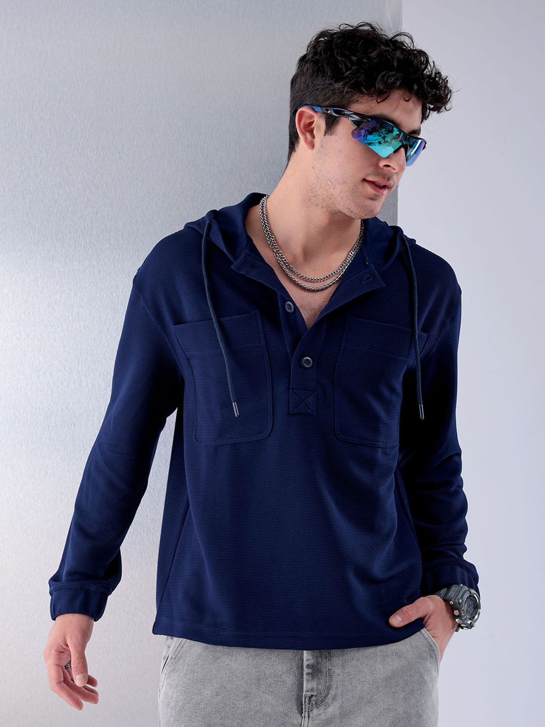 

The Indian Garage Co Hood Long Sleeves Casual Shirt, Navy blue