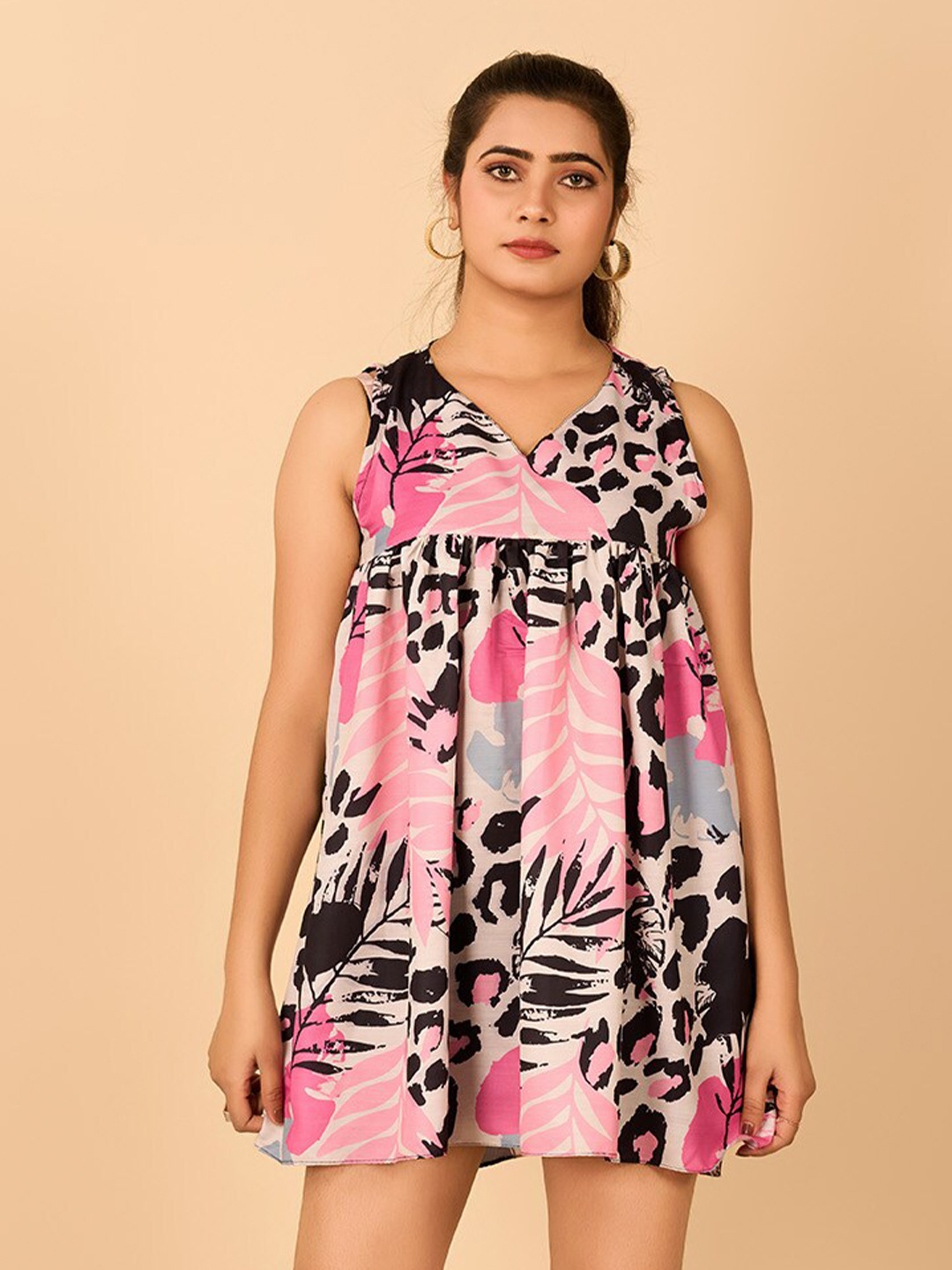 

flaher Tropical Print Crepe Empire Mini Dress, Pink