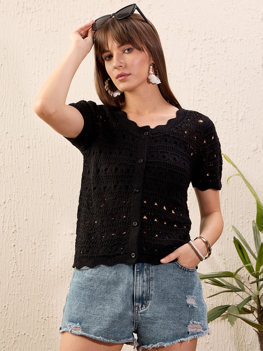 

SASSAFRAS Self Design Round Neck Crochet Shirt Style Top, Black