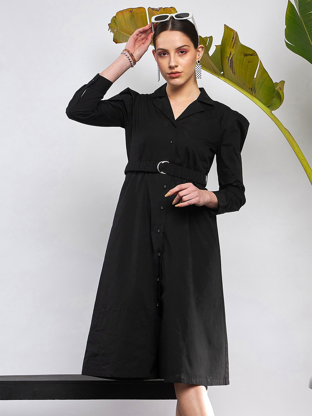 

SASSAFRAS Ruched Belted Cotton Shirt Midi Dress, Black