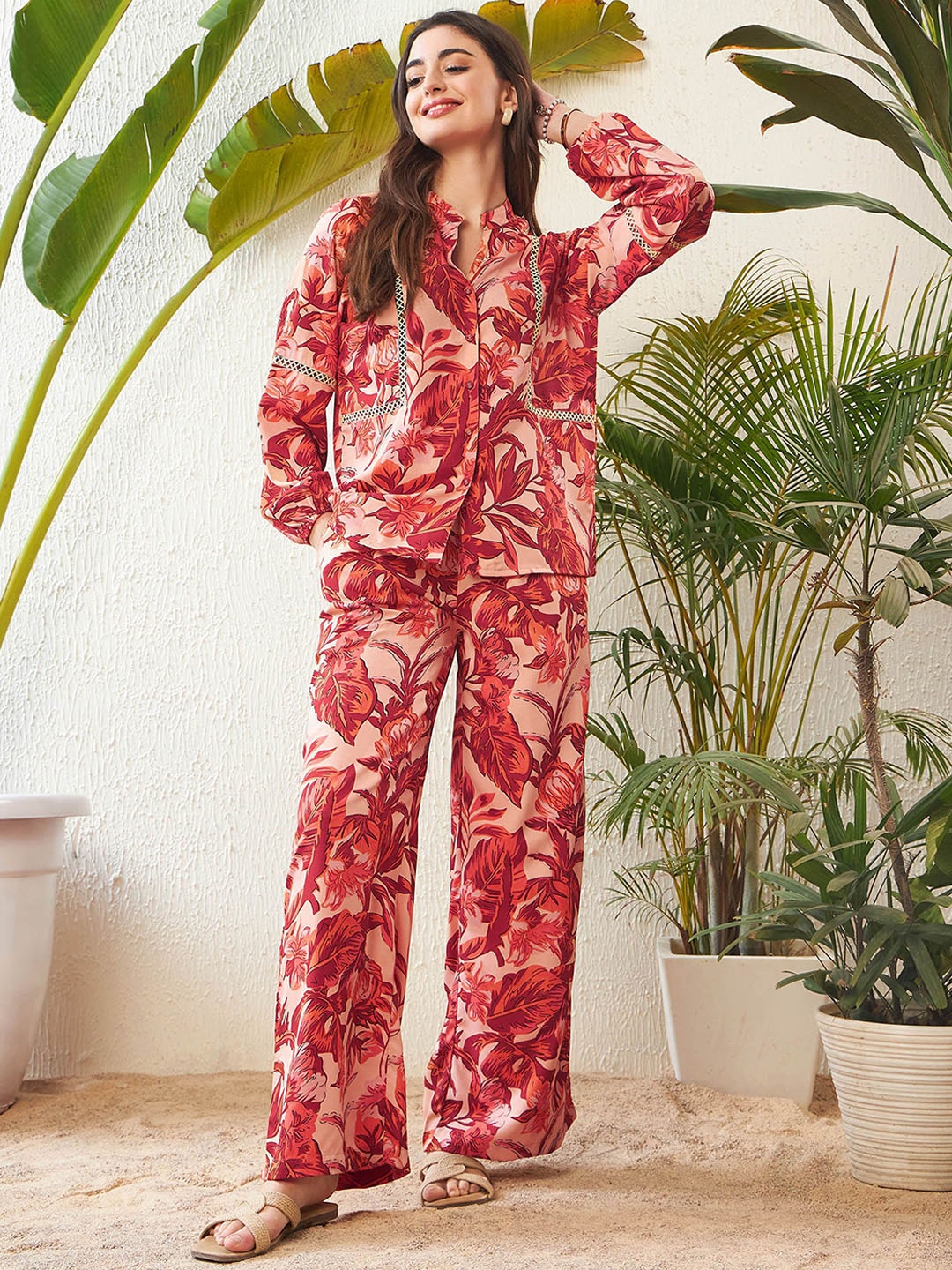 

SASSAFRAS Rust Floral Printed V-Neck Shirt With Palazzos