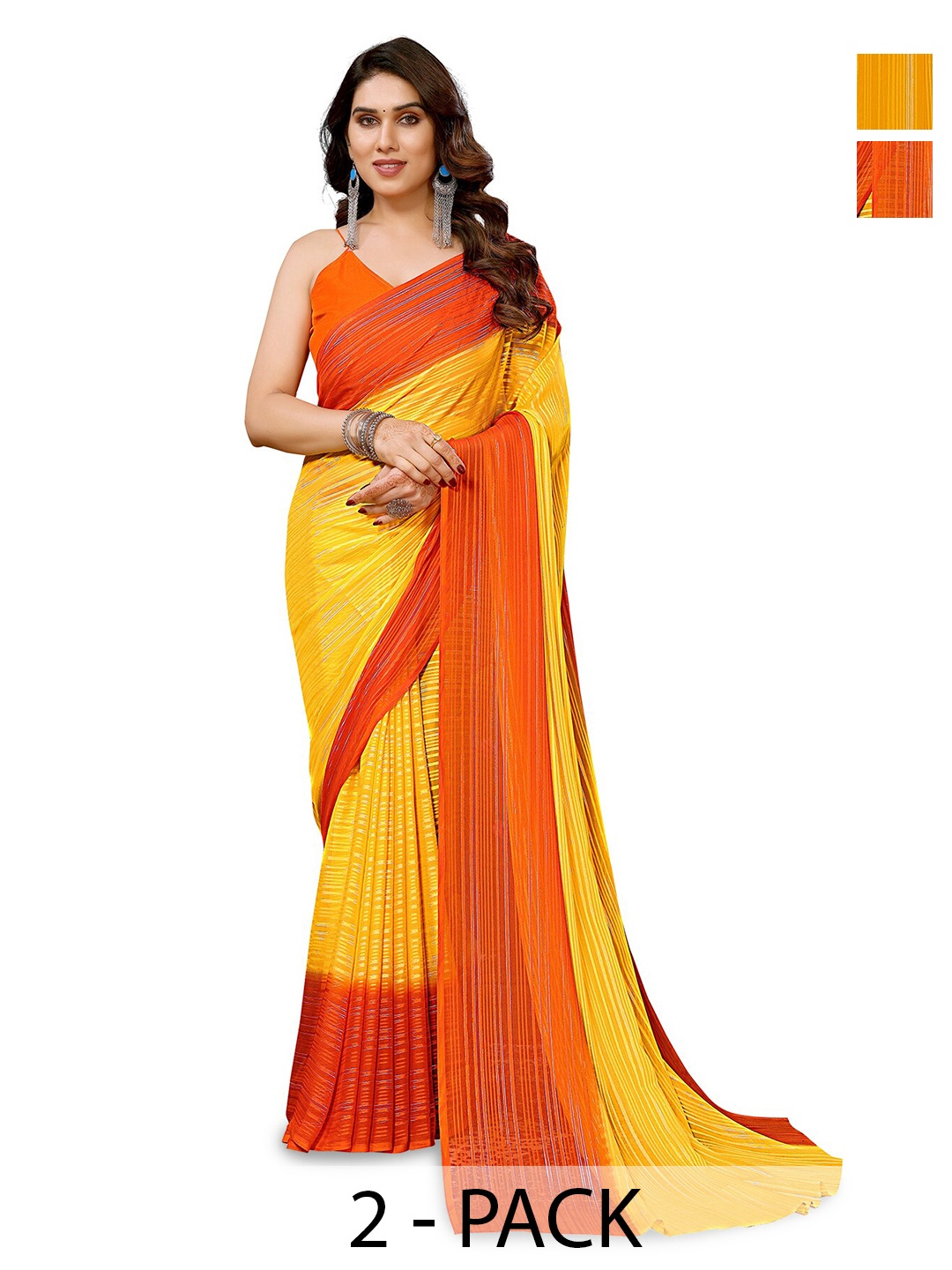 

ANAND SAREES Selection Of 2 Striped Satin Sarees, Yellow