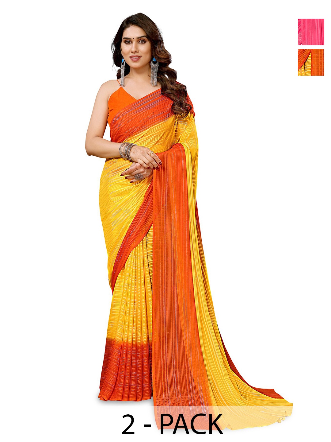 

ANAND SAREES Selection Of 2 Striped Satin Sarees, Pink