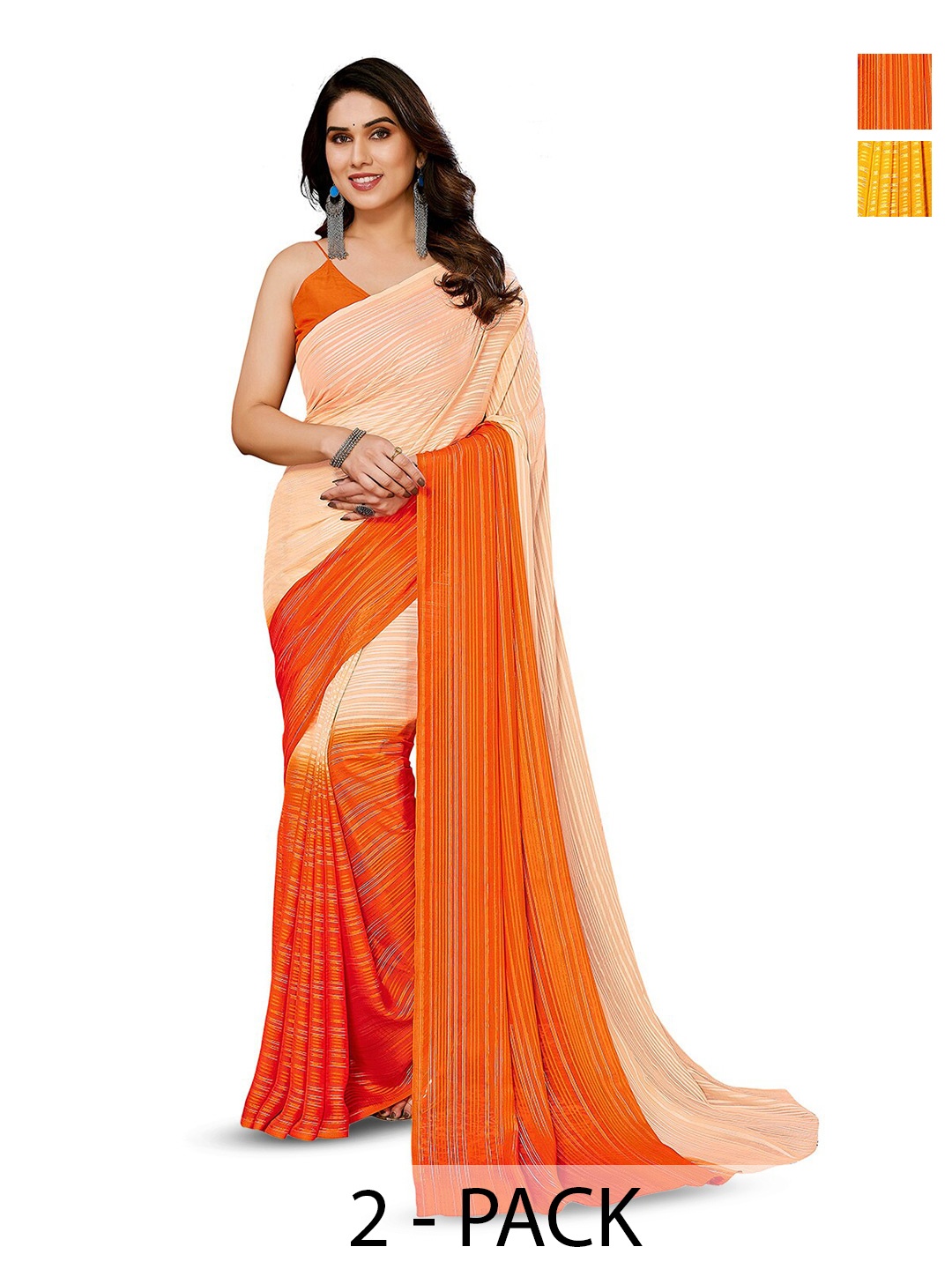 

ANAND SAREES Selection Of 2 Striped Satin Sarees, Yellow