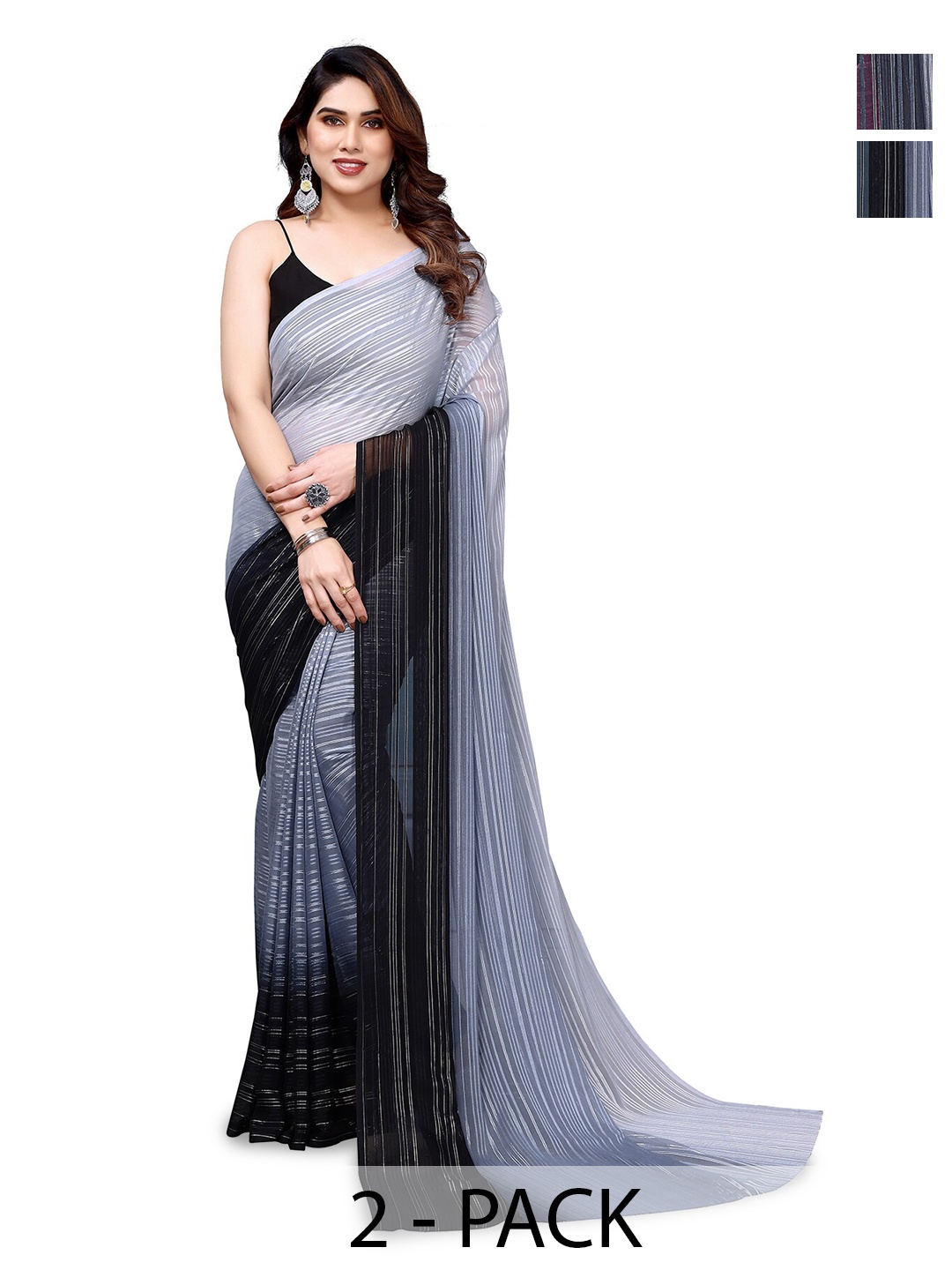 

ANAND SAREES Selection Of 2 Striped Sarees, Black