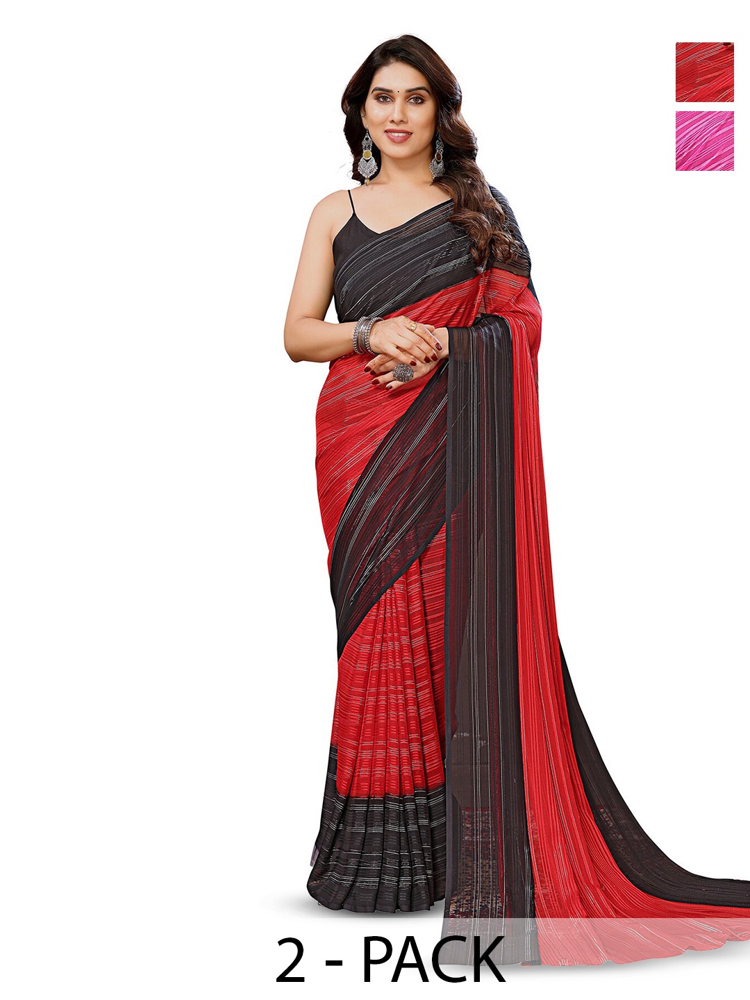 

ANAND SAREES Striped Satin Saree, Red