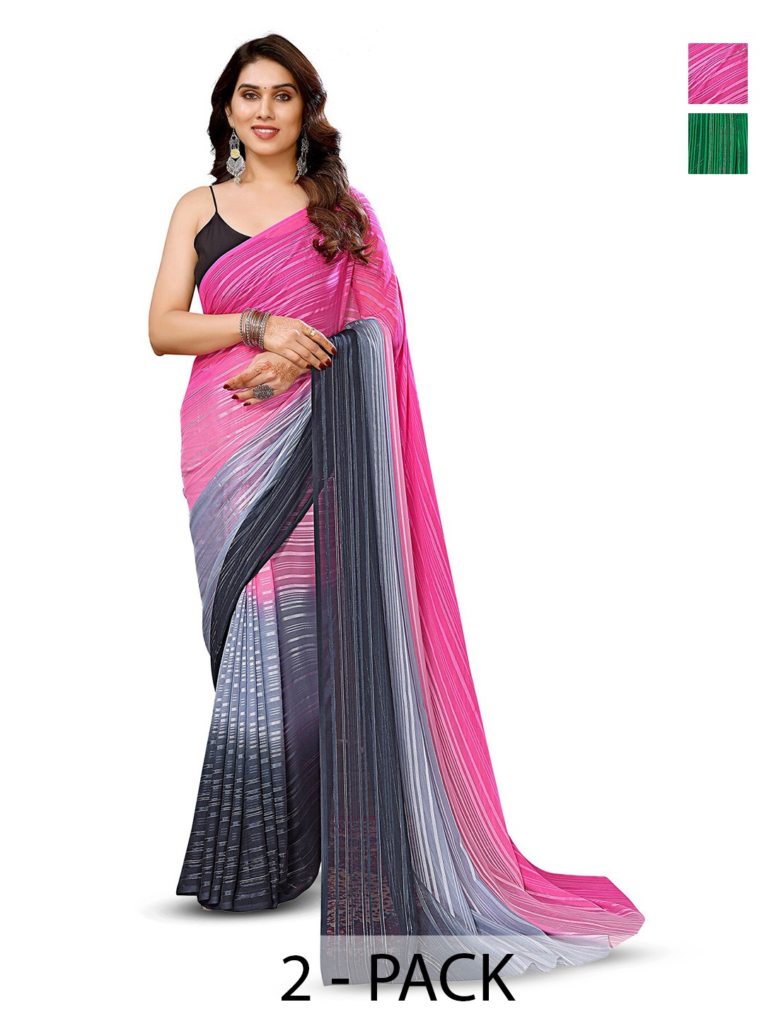 

ANAND SAREES Selection Of 2 Striped Satin Sarees, Pink