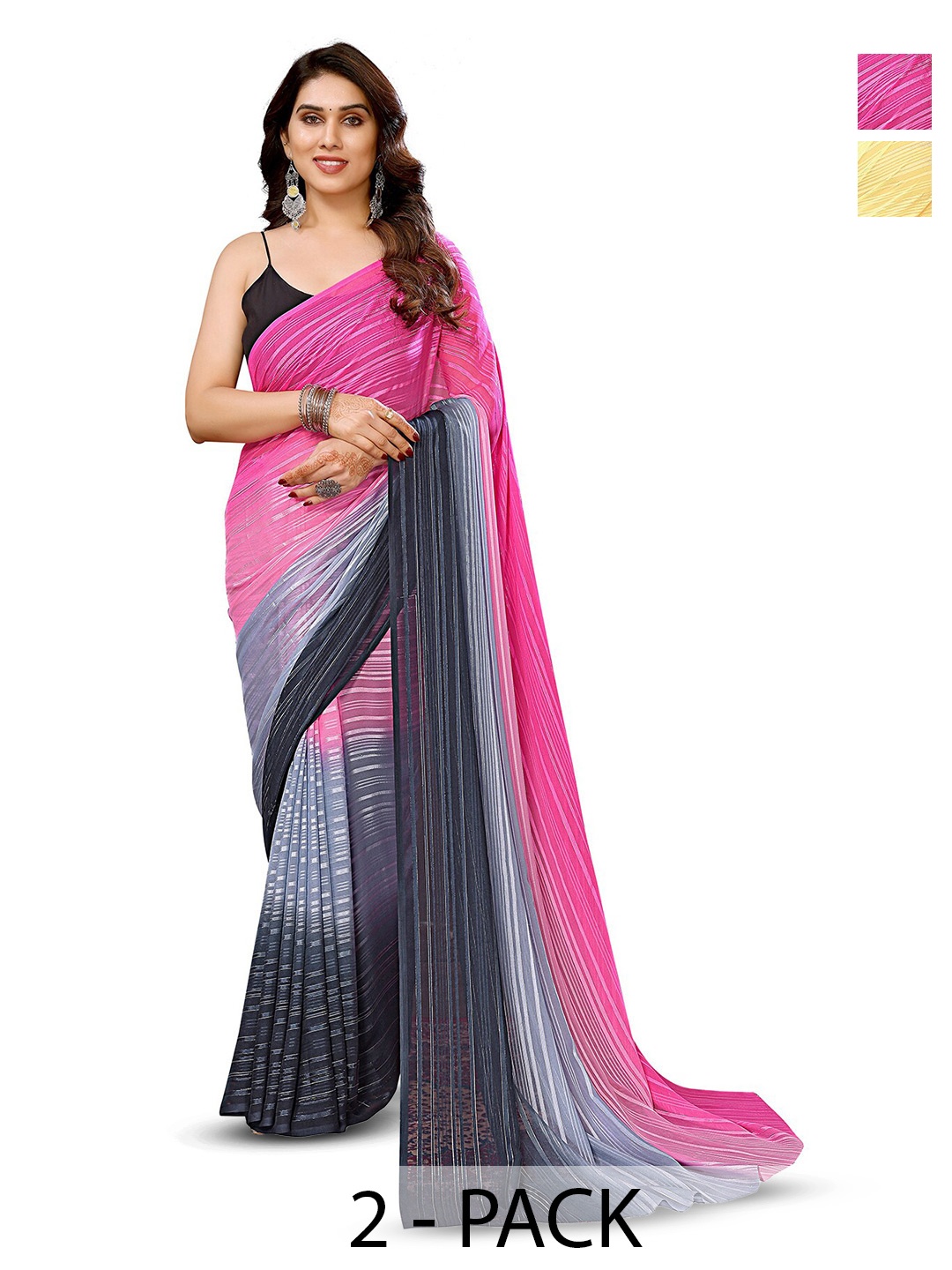 

ANAND SAREES Selection Of 2 Striped Satin Sarees, Yellow