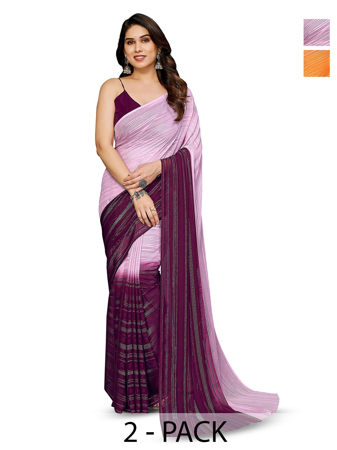 

ANAND SAREES Selection Of 2 Striped Sarees, Red