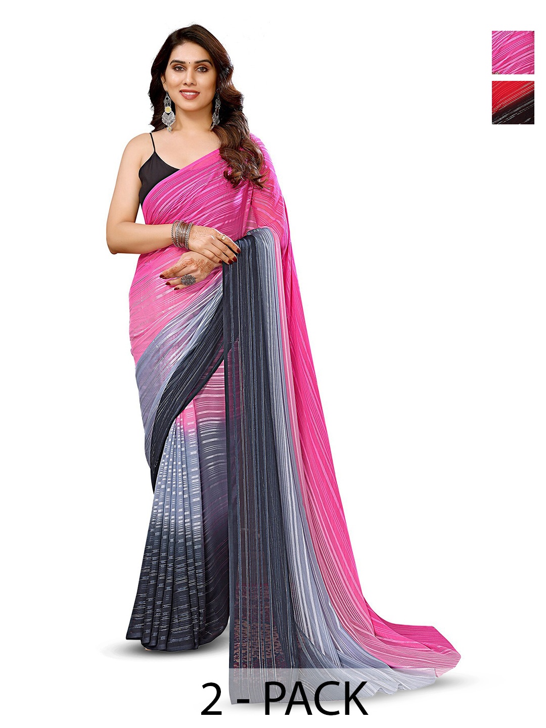 

ANAND SAREES Selection Of 2 Striped Satin Sarees, Red