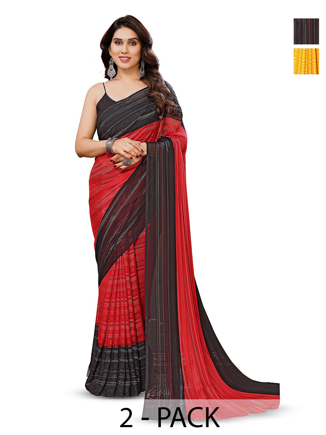 

ANAND SAREES Striped Satin Saree, Red